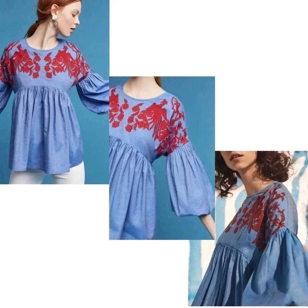 Anthropologie Hemant & Nandita Women's blue red Embroidered Lianna Top Blouse S - Picture 14 of 14